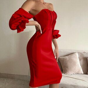 Women's Sexy Off Shoulder Bodycon Lantern Midi Dress, Red